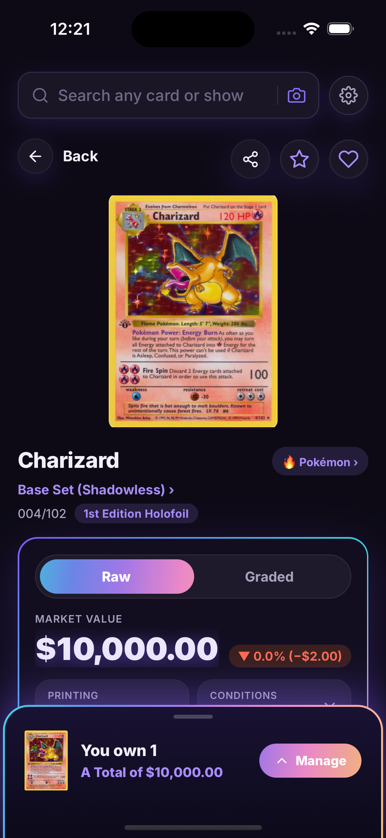 A card detail page with live raw and graded market value