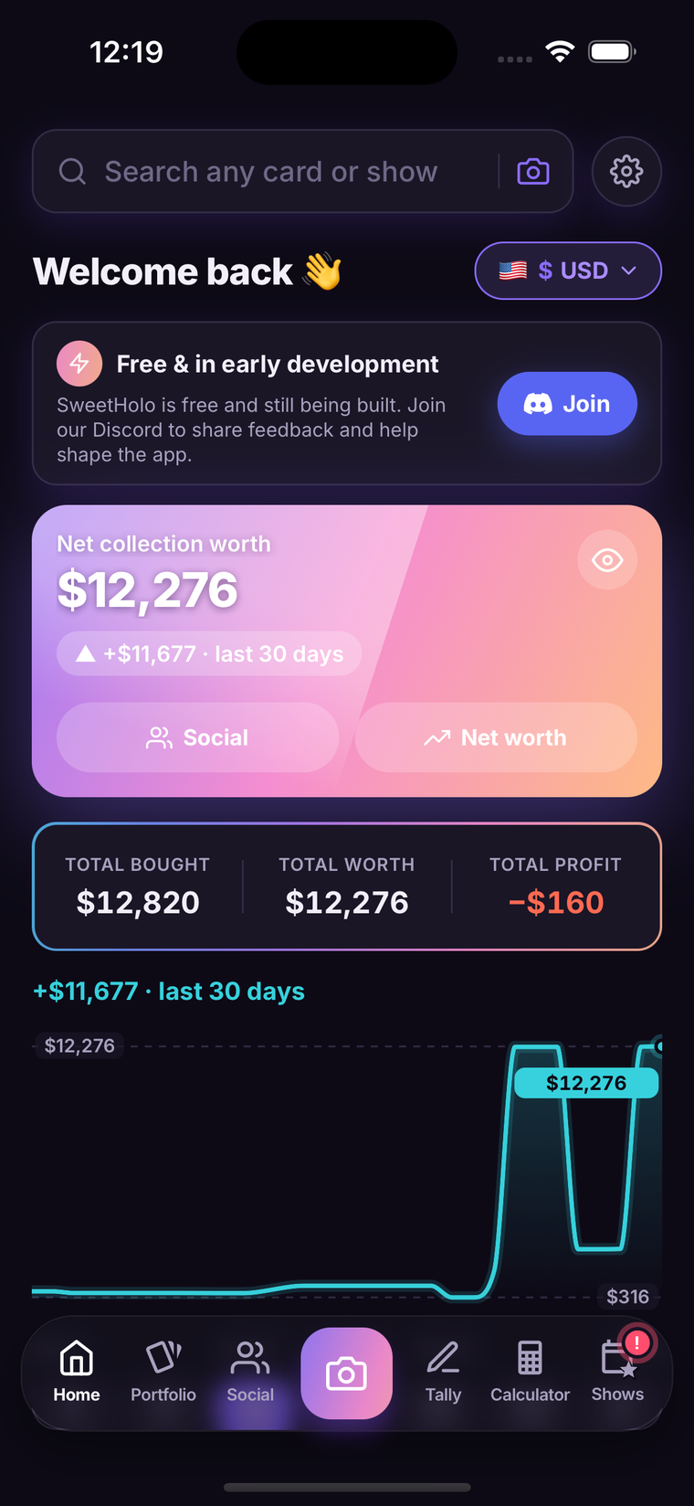 The SweetHolo home screen showing a collection's net worth and 30-day trend