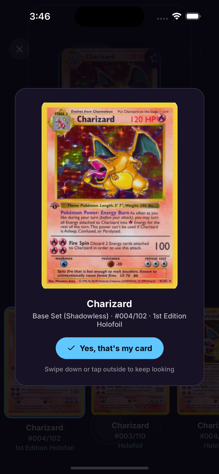 Scanning a Charizard card — SweetHolo identifies the exact print