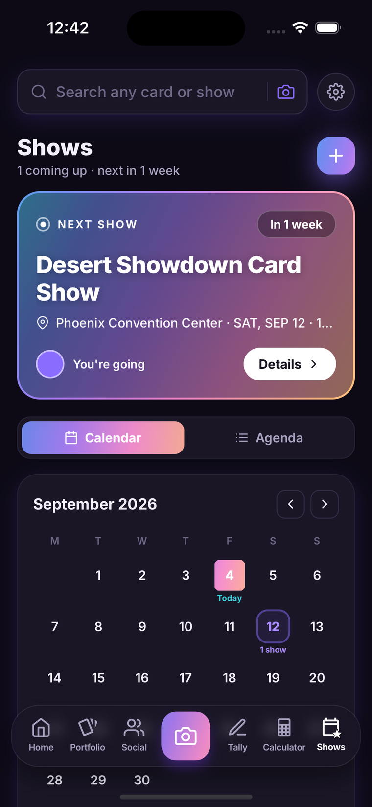Upcoming card shows on a calendar